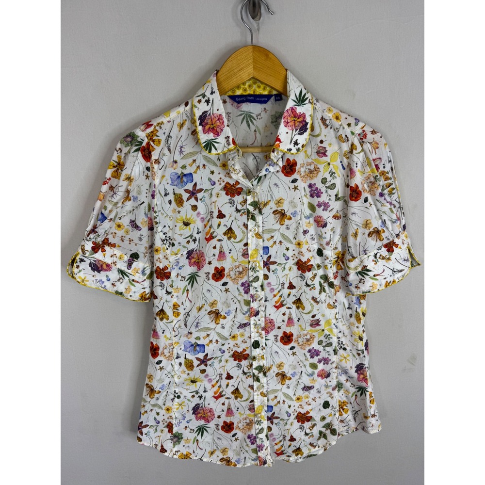 Georg Roth Los Angeles Floral Botanical Cotton Short Sleeve Blouse White XS